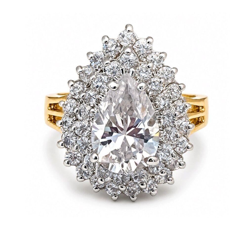 Vintage 1980s CZ Cocktail Ring Size 5 Pear Double Halo Gold Plate - 14G
